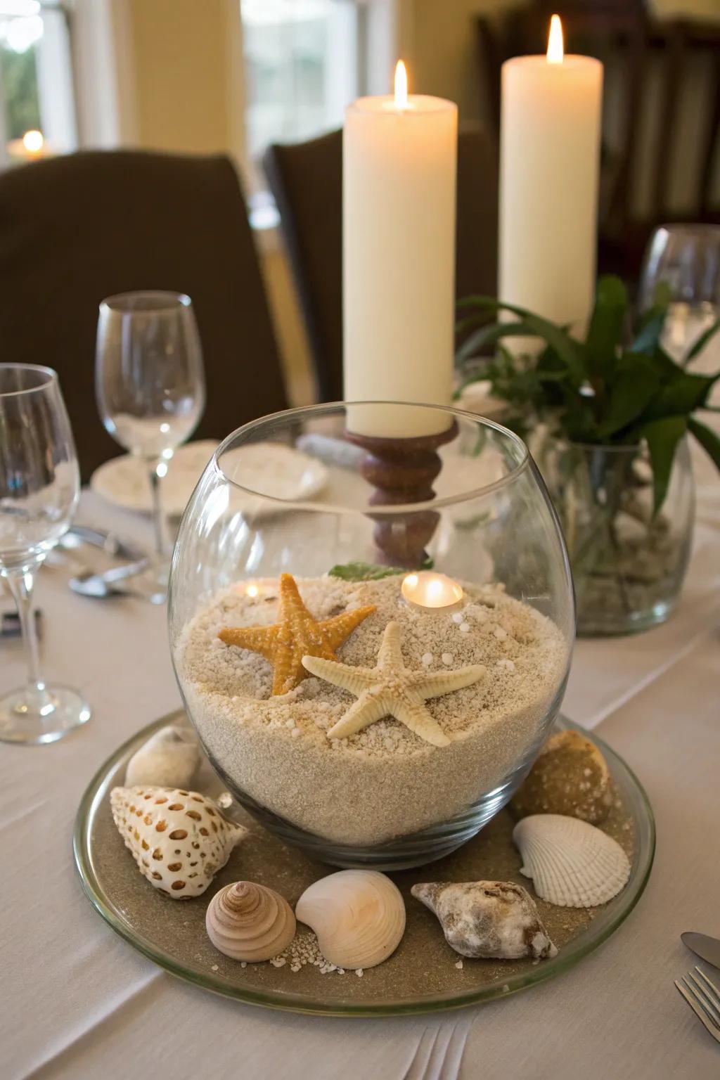 Seaside charm showing a glass basin centerpiece foundation.