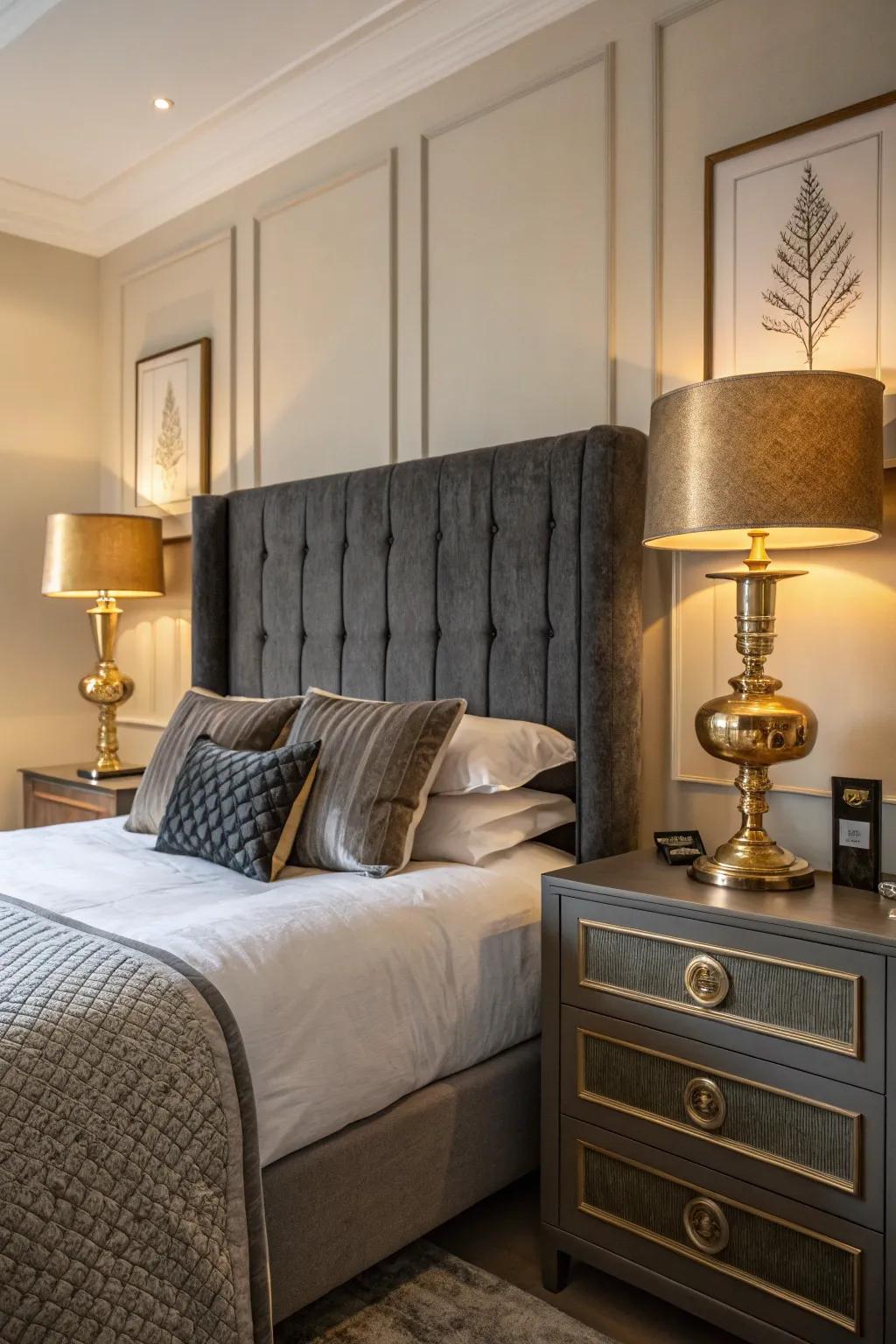Metallic accents add a touch of luxury to a grey-themed bedroom.