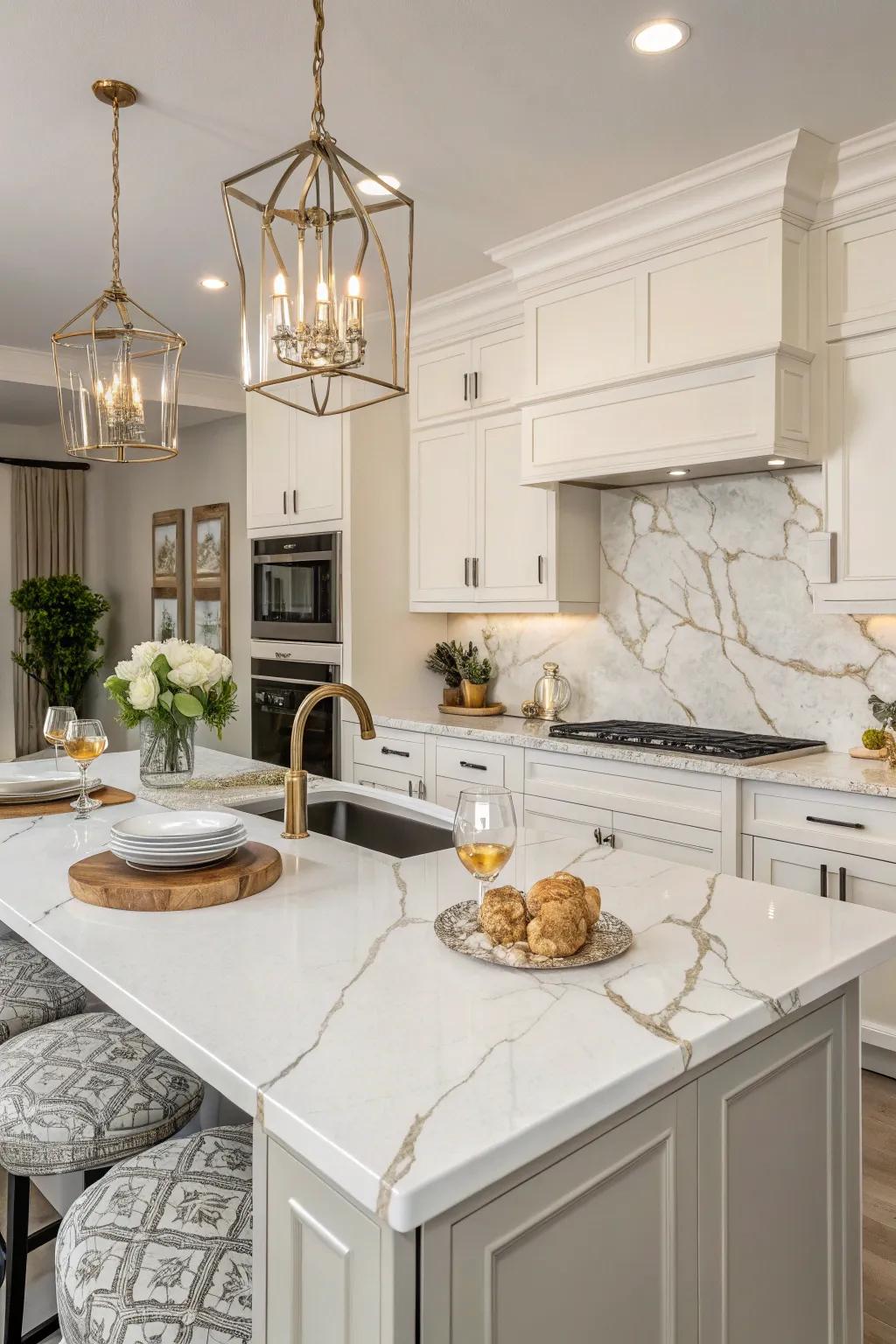 Fancy kitchen with rock dust counters that look like real stone.