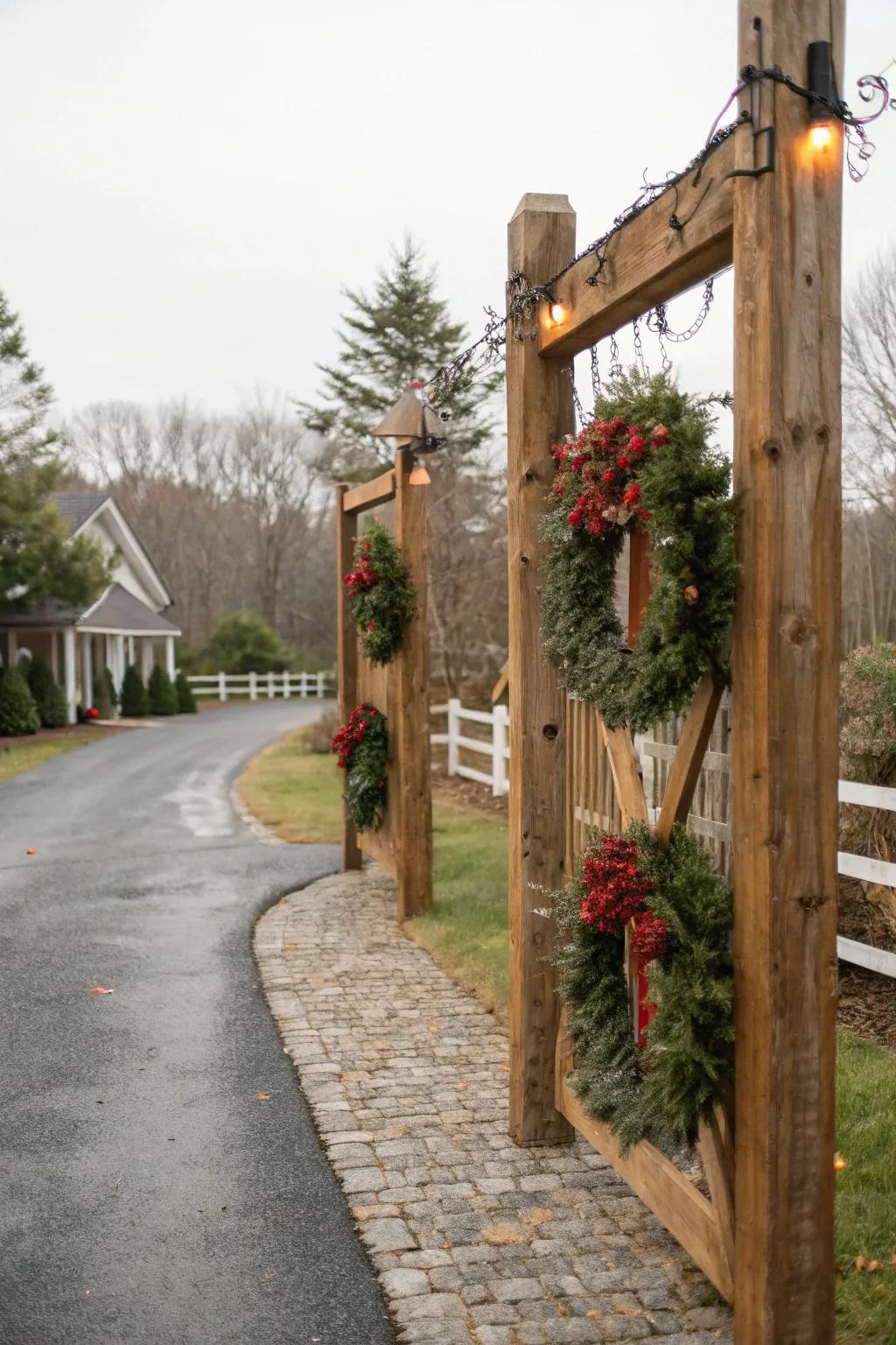 Seasonal decor brings a touch of festivity to your driveway entrance.