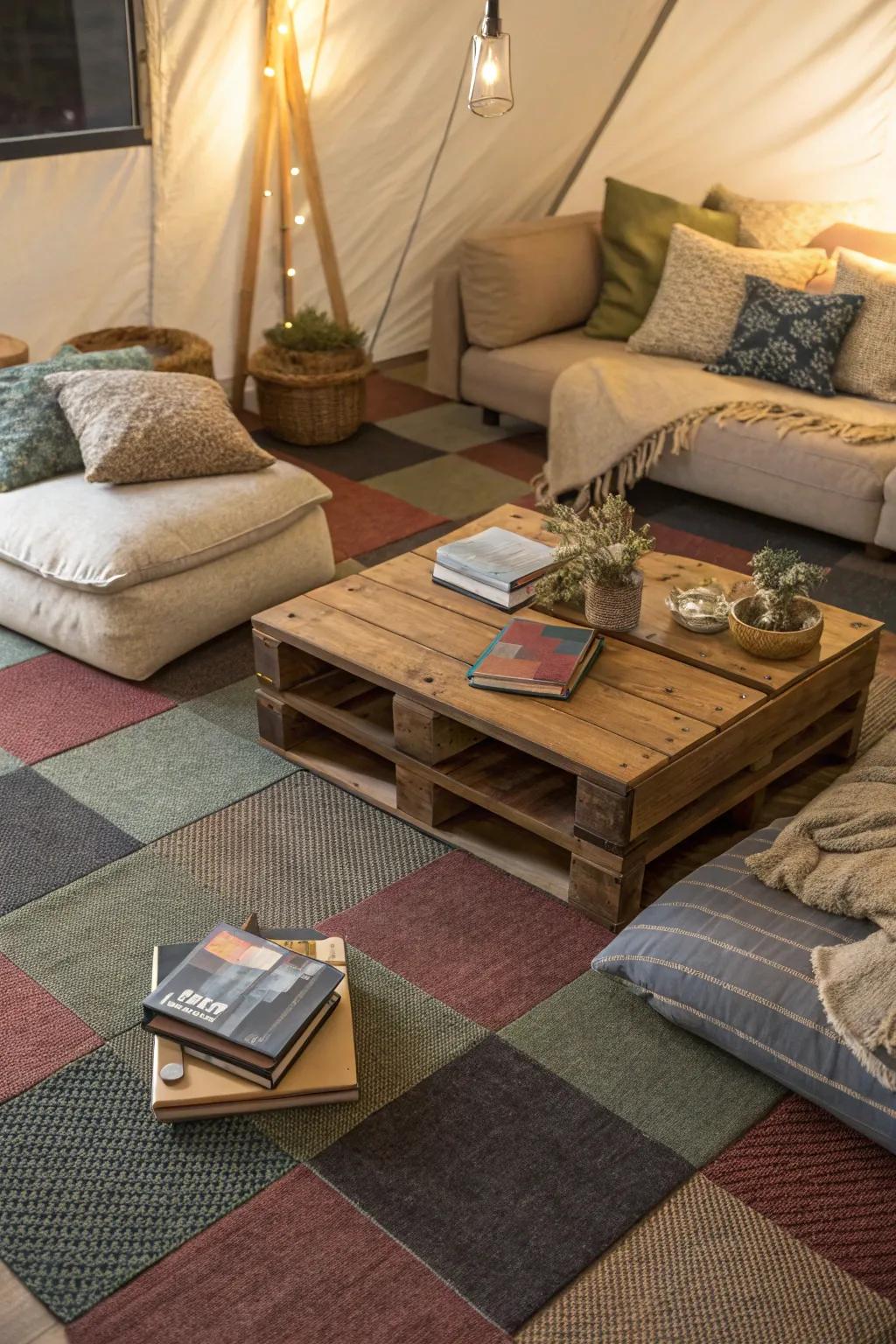 Woven floor tiles: mix and match for a personal feel.