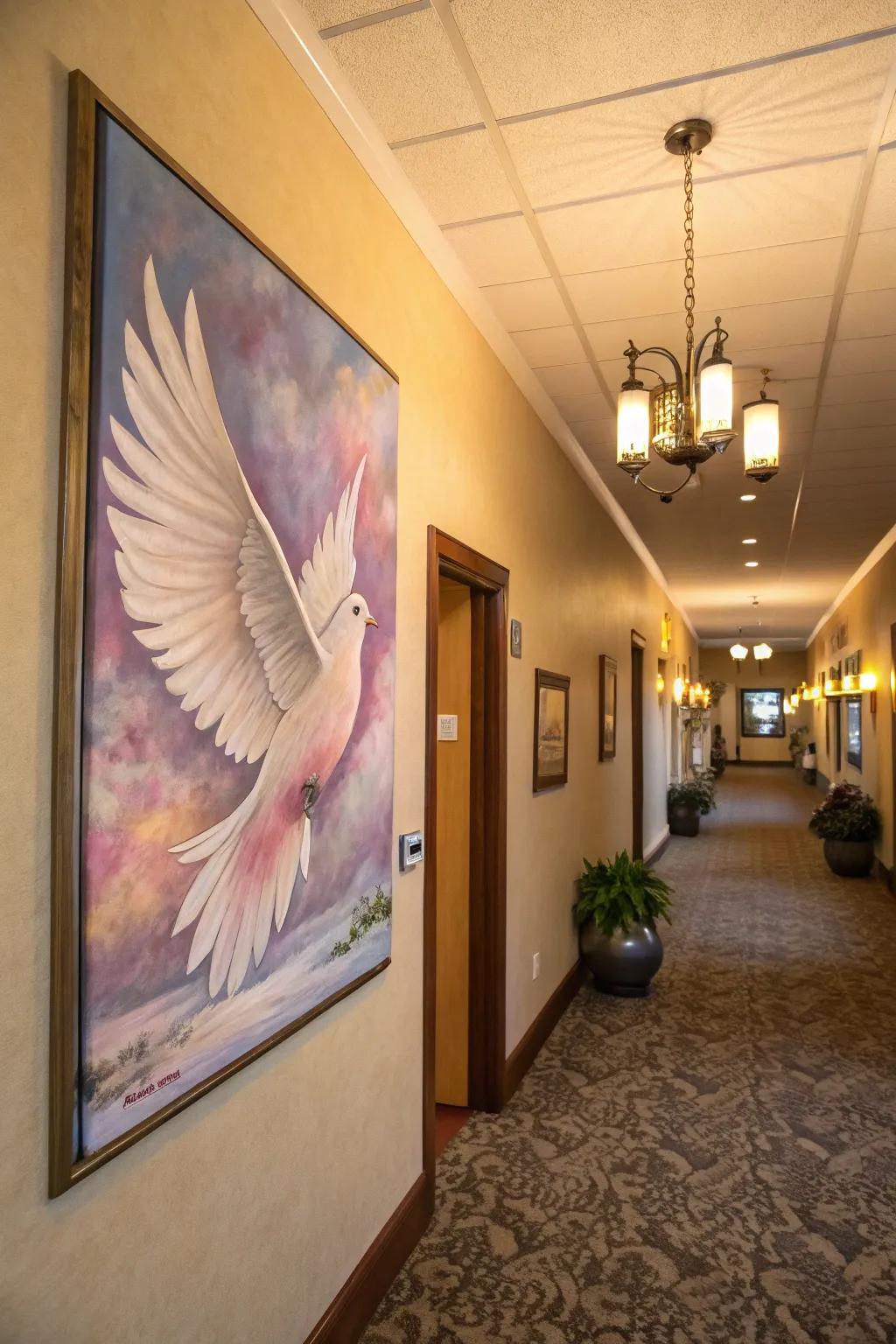 A dove artwork imparts a peaceful essence to any entrance.