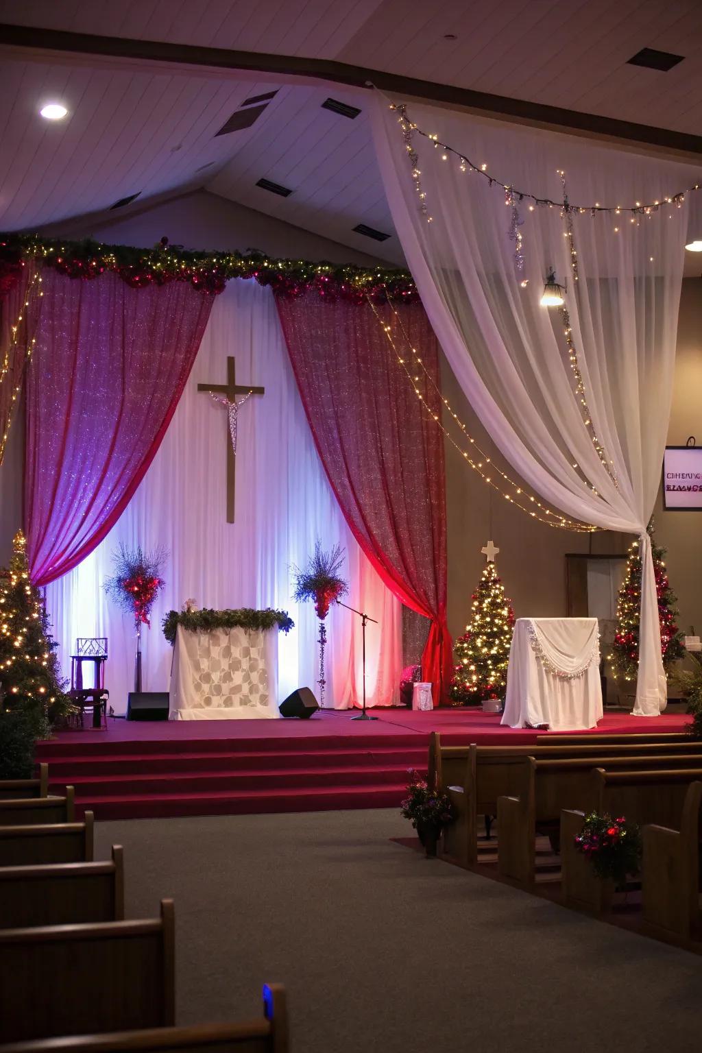 A festively decorated platform prepared for Yuletide performances.