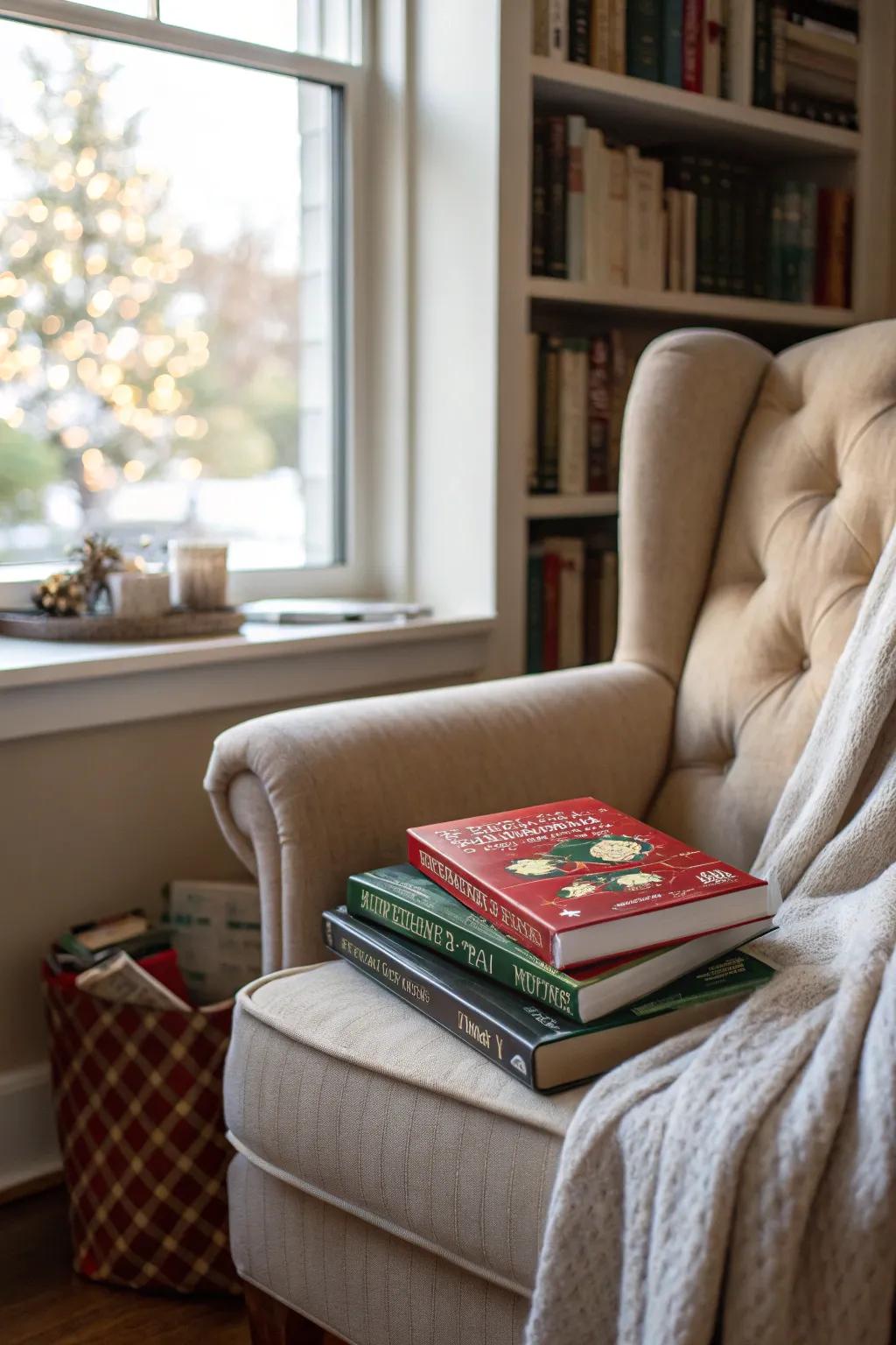 A snug reading corner perfect for enjoying a peaceful moment during the holidays.