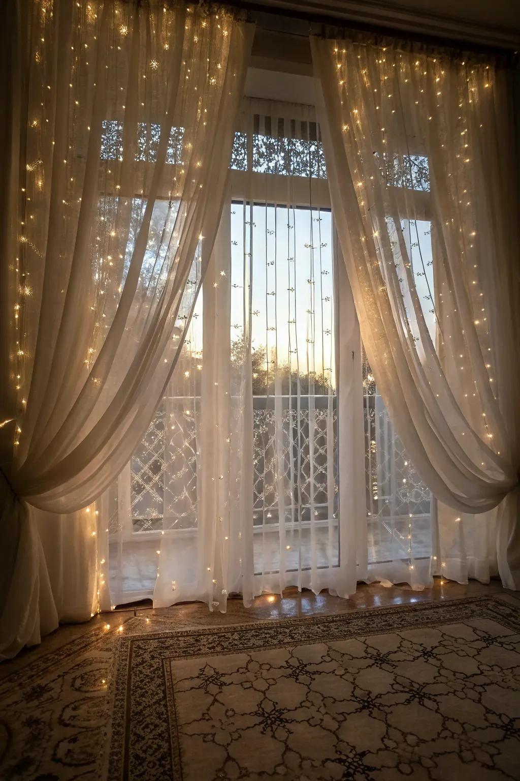 Curtain lights generate a breathtaking, cascading radiance over windows.