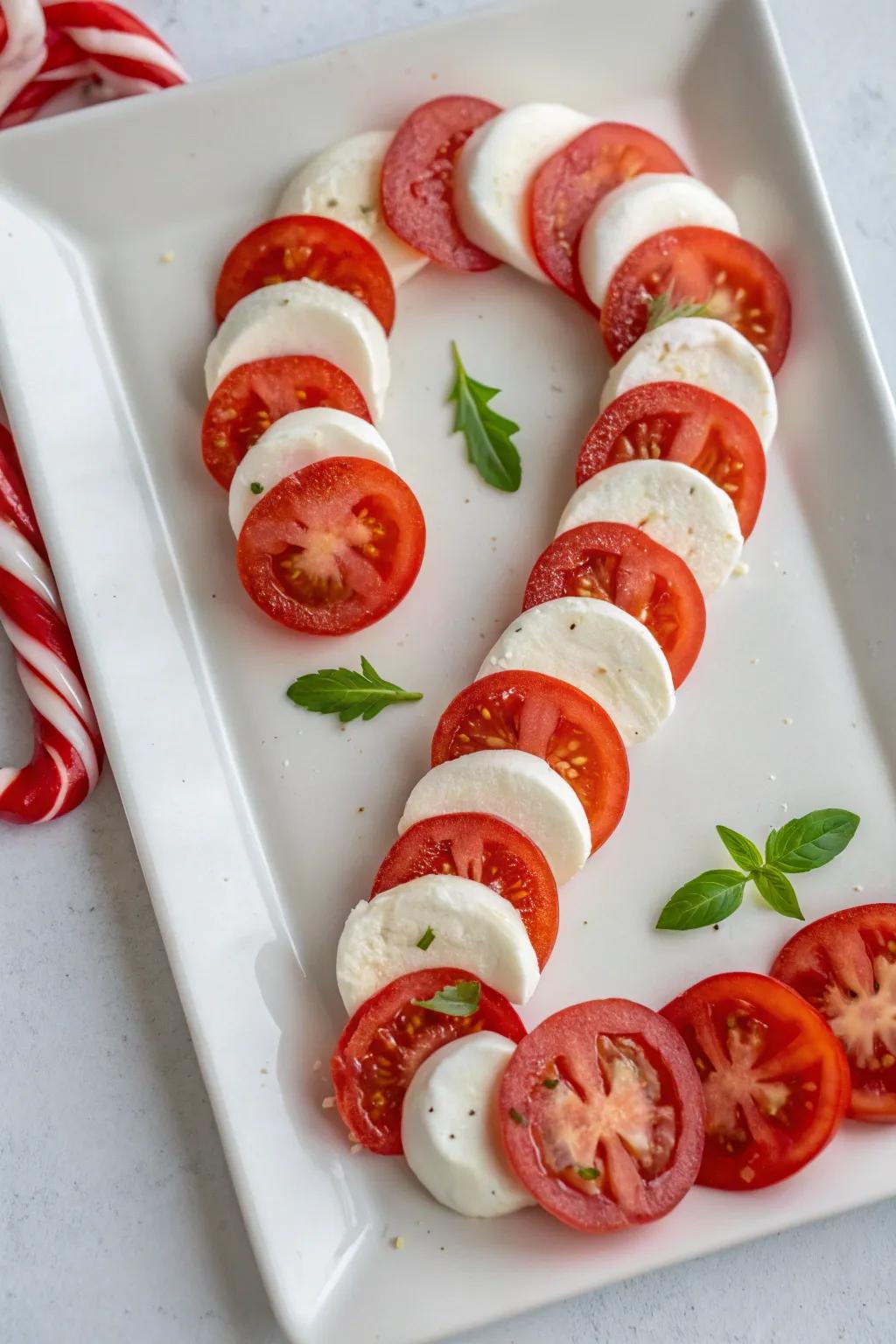 Appetizing candy rod crafted with mozzarella and tomato.