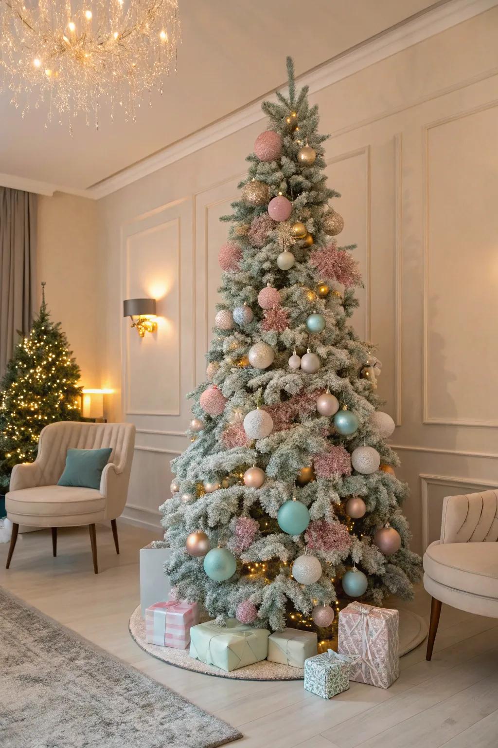 Soft-tone hues establish a subtle and elegant Christmas tree theme.