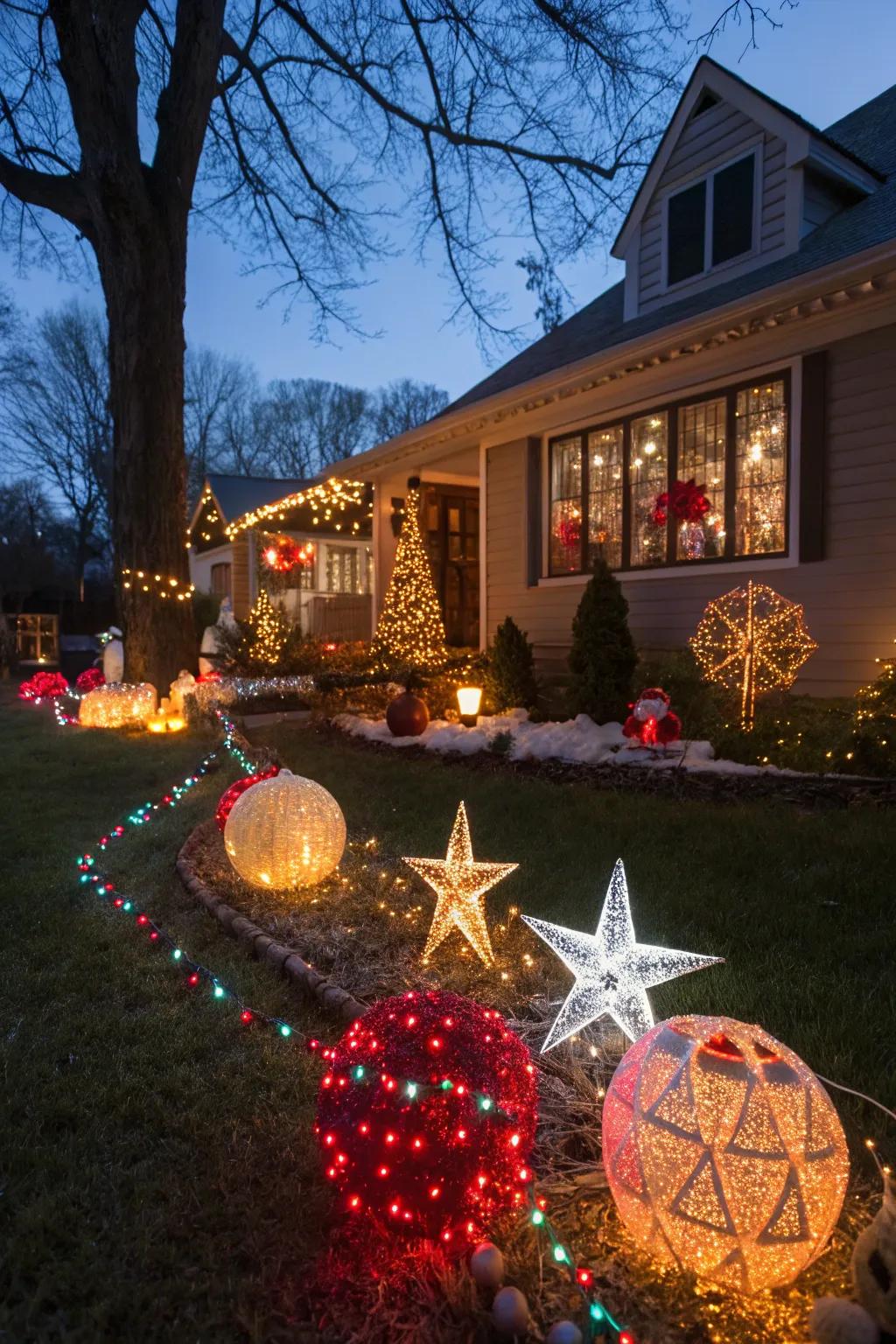 A garden decorated with various light-up seasonal baubles.