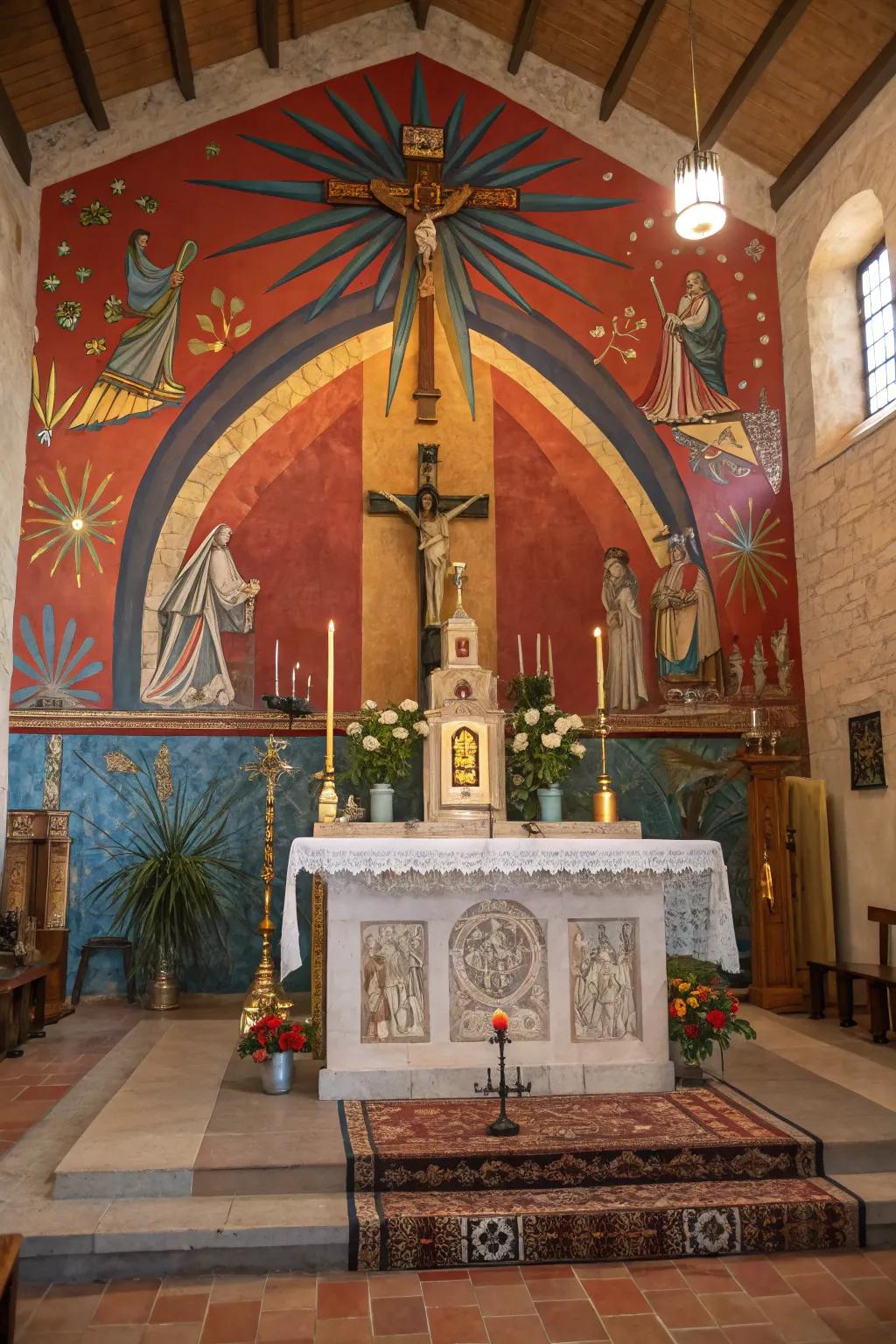 An altar featuring a lively wall art depicting scenes of optimism and renewal.
