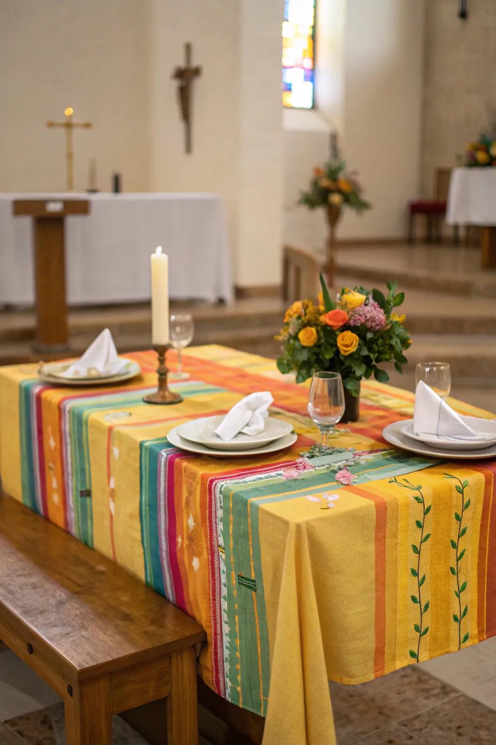 Vibrant linens do wonders for any holy setting.