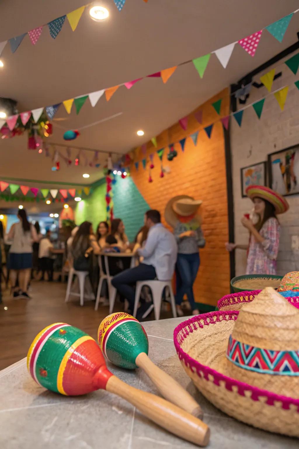 Maracas and sombreros contribute a genuine element to Cinco de Mayo decorations.