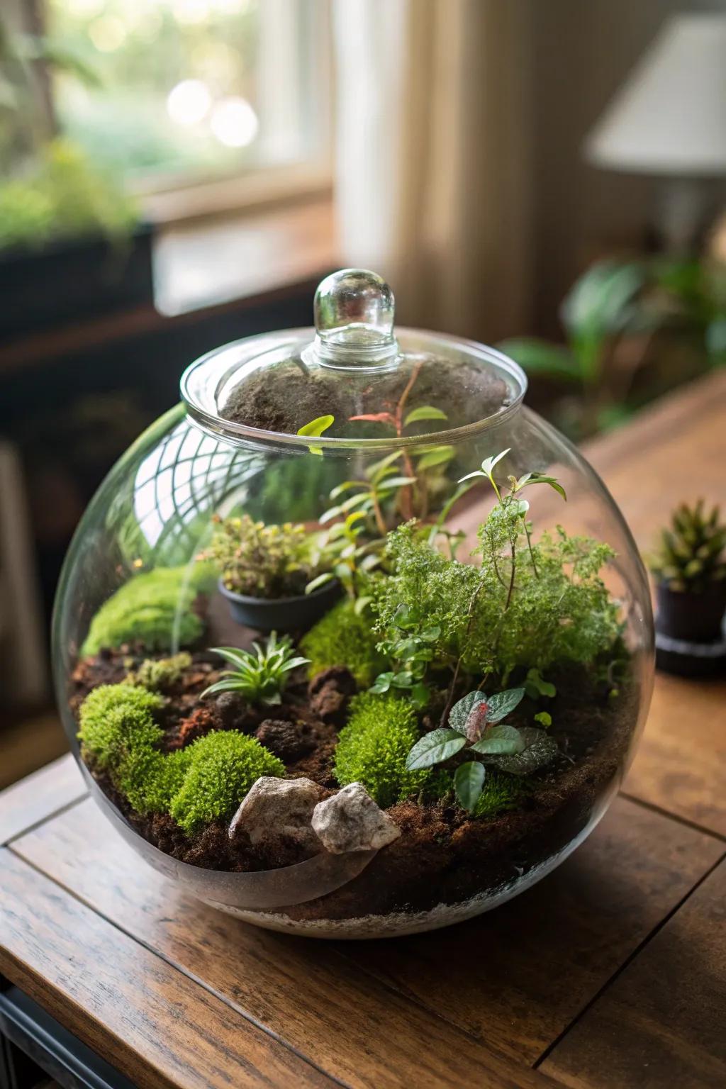 An arcane moss universe enclosure, transmuting recesses into secluded nature retreats.
