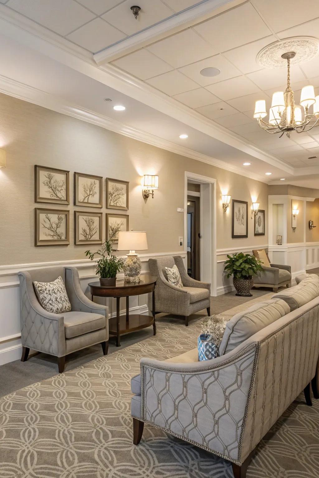 Subtle color theme providing a soothing foundation inside a clubhouse.