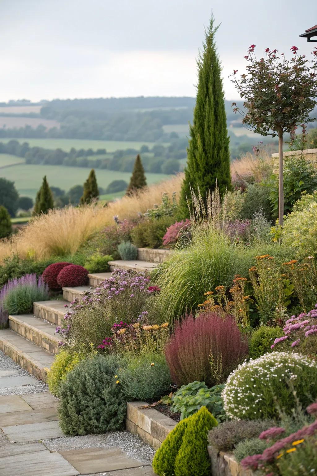 Layered planting appends dimension and fullness to a shoreline garden.