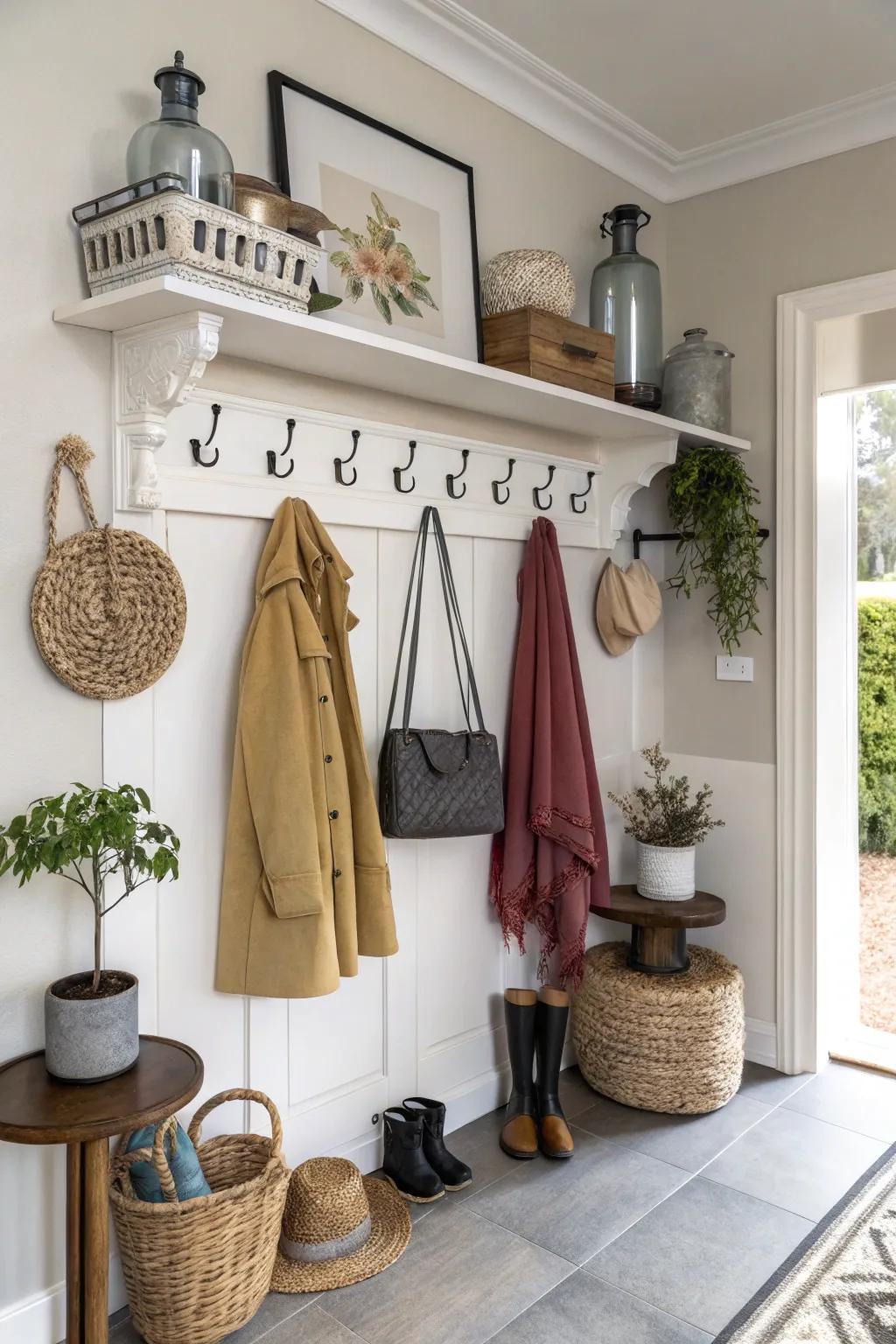 An elevated shelf with hangers provides both storage and style in this entryway.