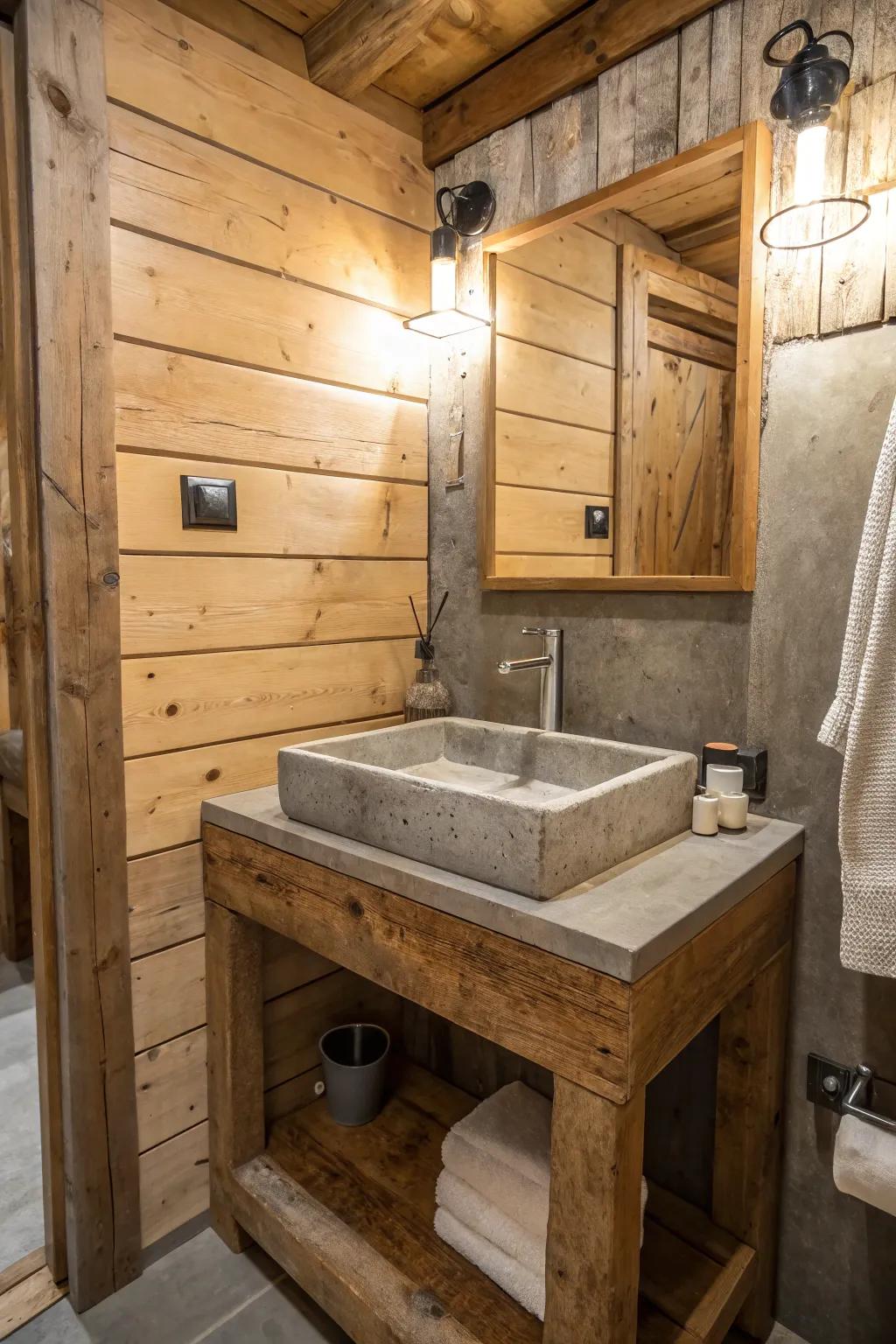 Rustic bathroom highlighting a concrete sink with wood features.
