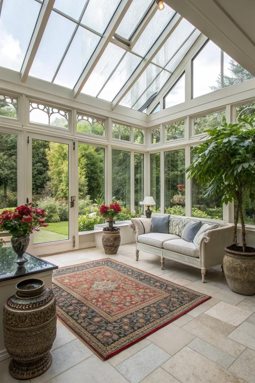 A sunroom exhibiting a harmonious blend of contemporary and traditional looks.