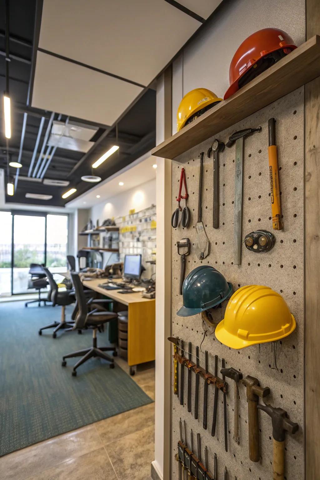 In an office, construction tools are employed as distinctive decorative elements.