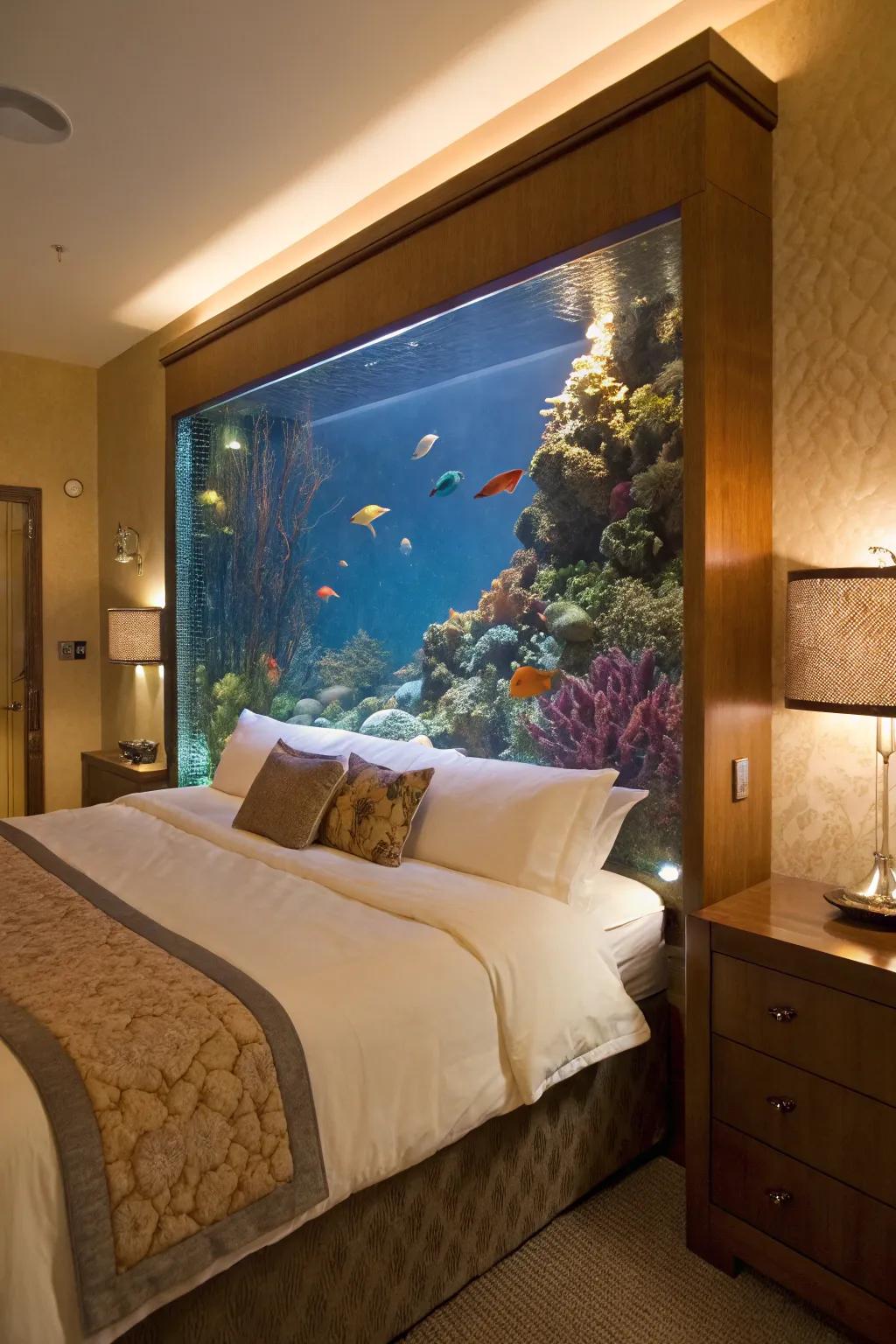 An aquarium headboard offers a serene and distinctive bedroom feature.