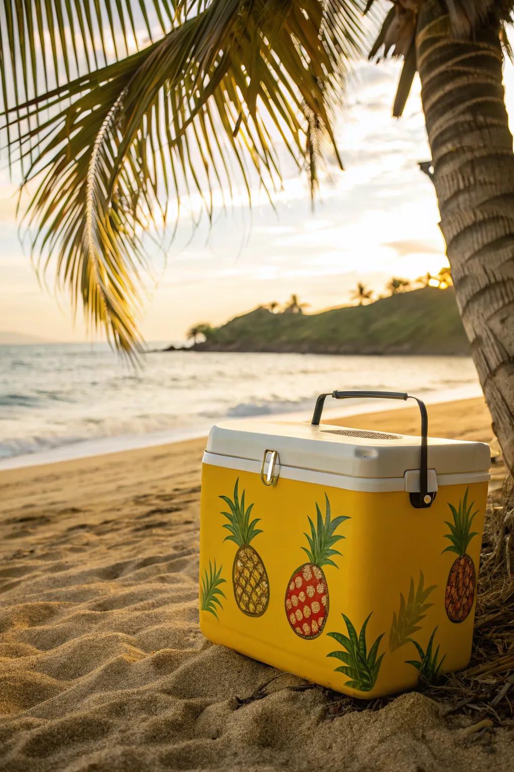 Tropical-inspired cooler with fruit graphics.