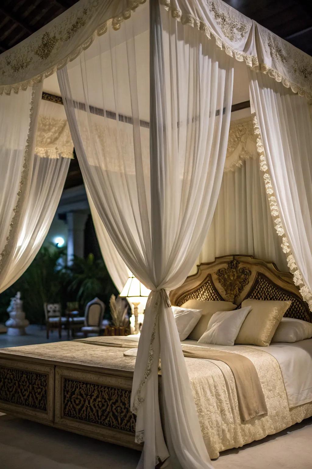 A canopy contributes flair and intimacy to a corner bed.