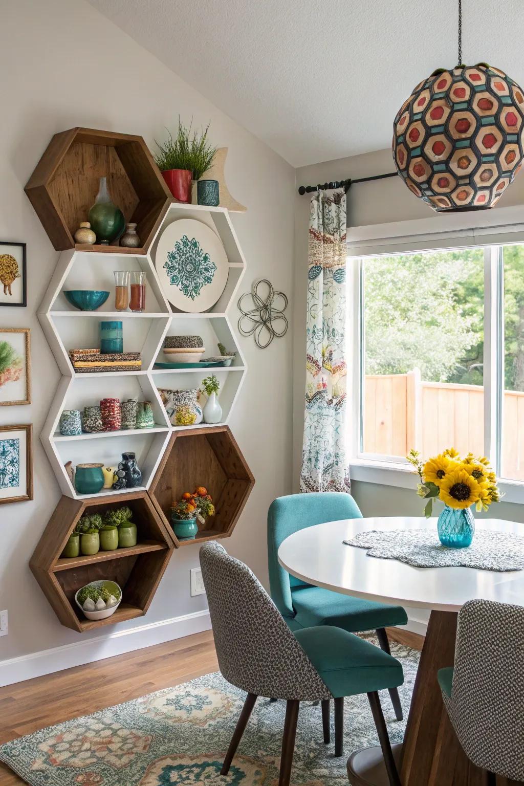 Geometric shelves add attention-grabbing architectural interest.