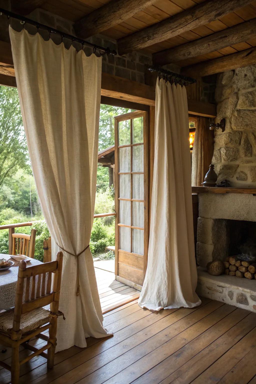 Timber elements complement the simple charm of country-style window coverings.