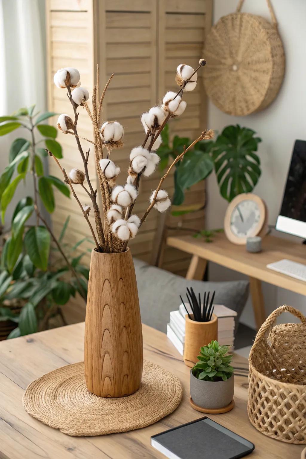 Normal effortlessness with a wooden container and cotton sprigs.