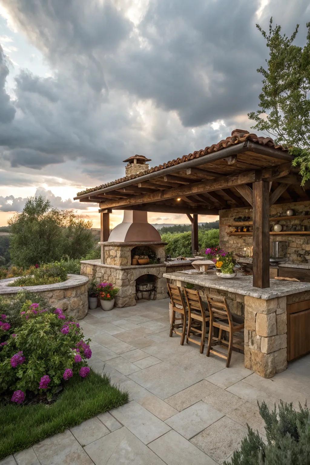 A rock outdoor cooking area contributes a culinary element to the patio.