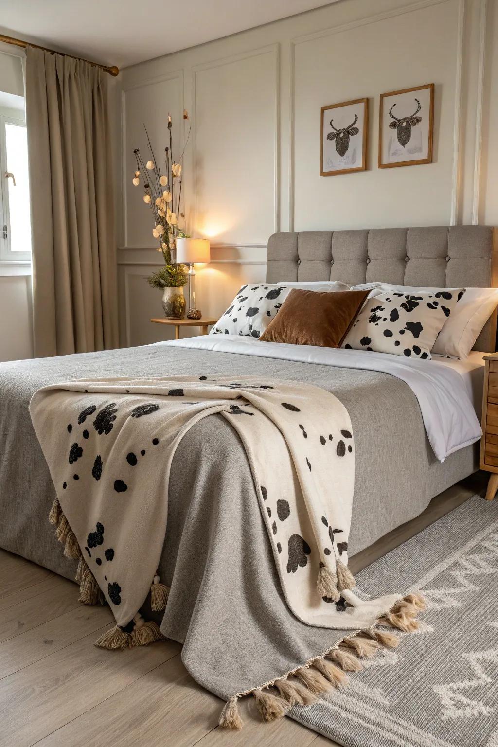 Neutral hues paired with bovine patterns result in a sophisticated aesthetic.