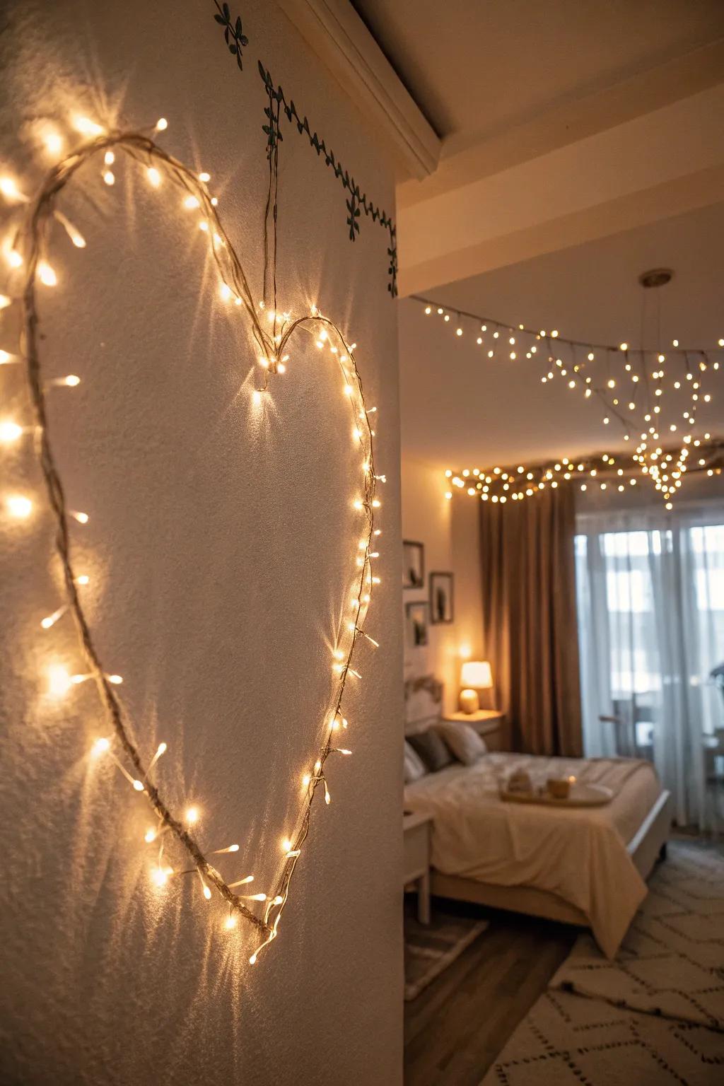 Sparkle lights designed in a heart figure on a bedroom wall.