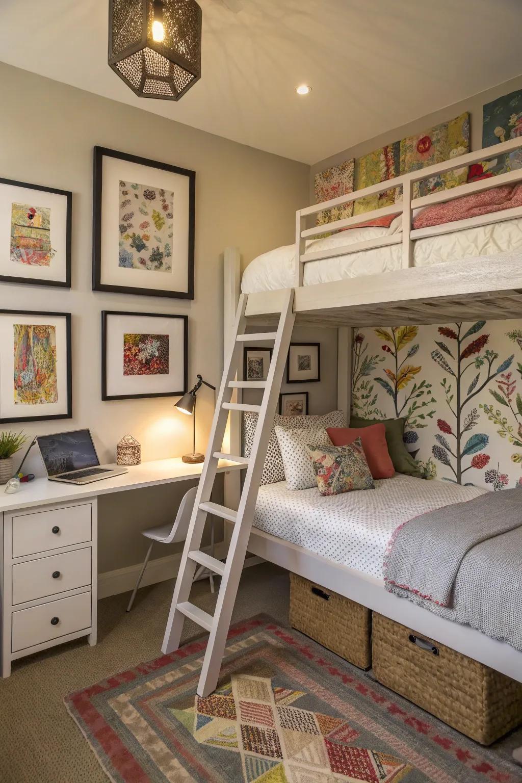 A creative loft bedroom with artistic flourishes and a raised bed.