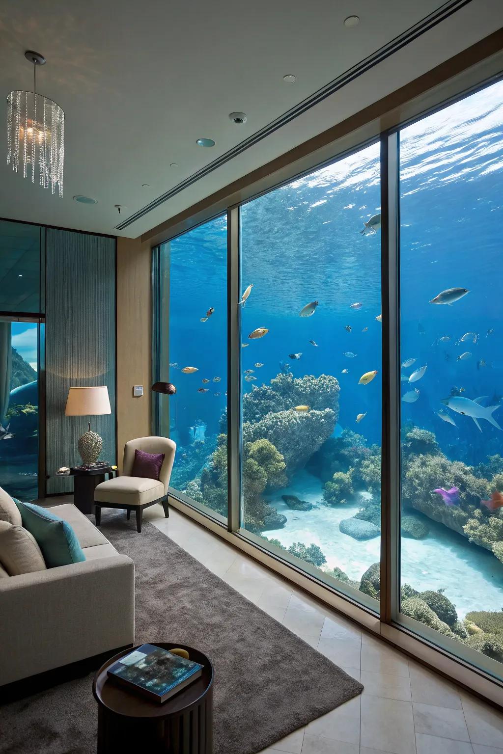 A submerged chamber providing a serene view of marine biodiversity.