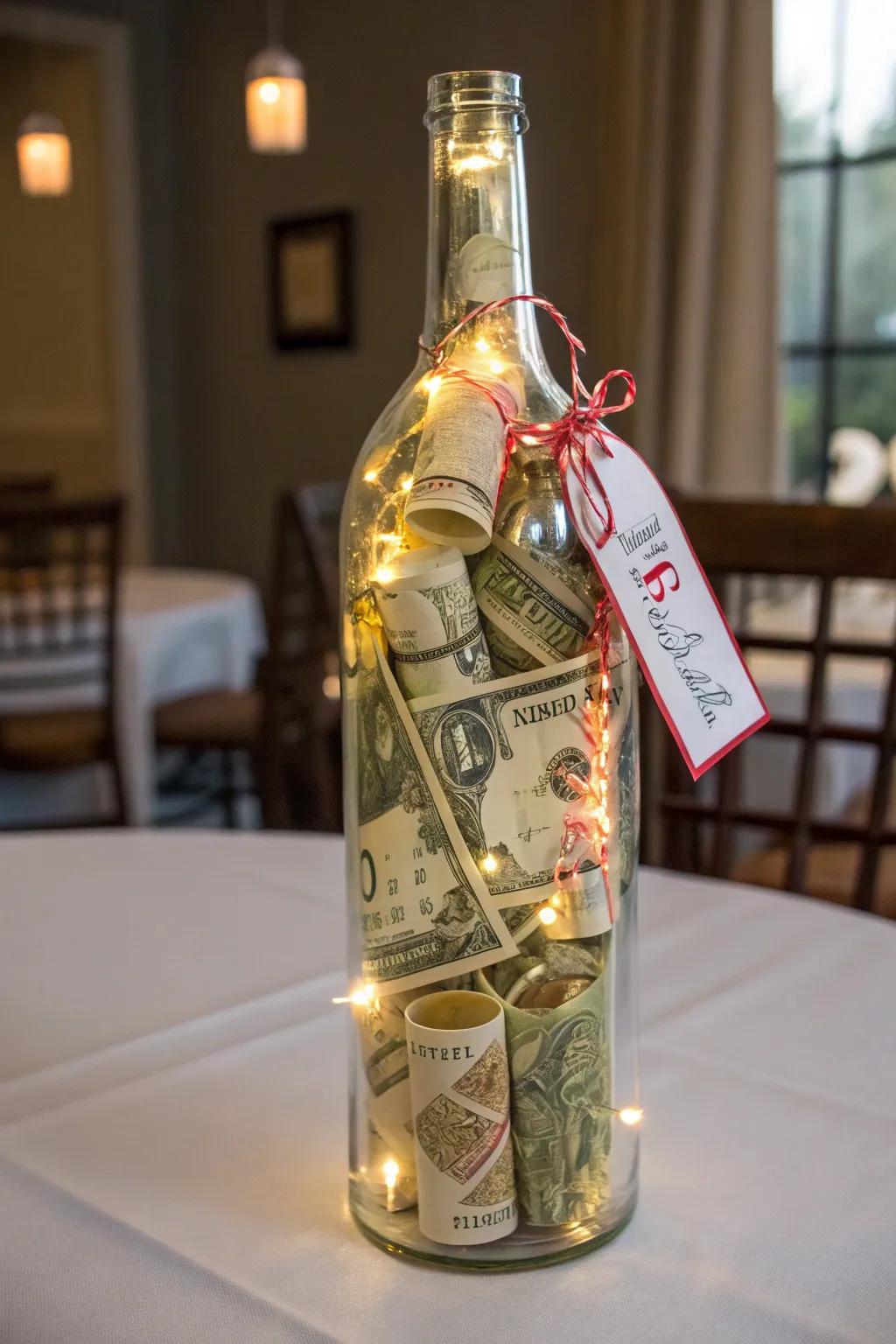 A flask of holiday cheer teeming with currency.