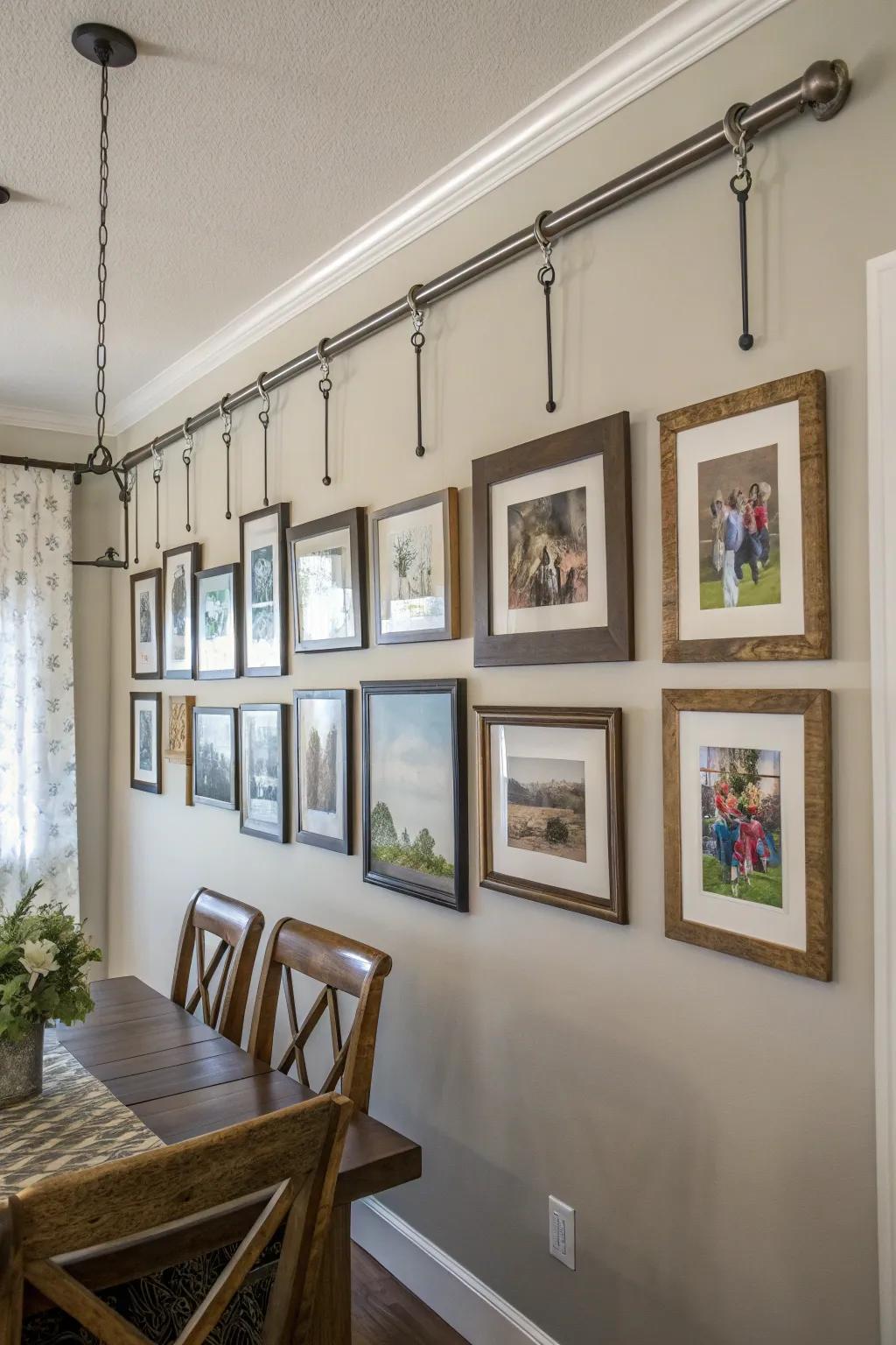 Hanging frames from bars creates a striking vertical arrangement.