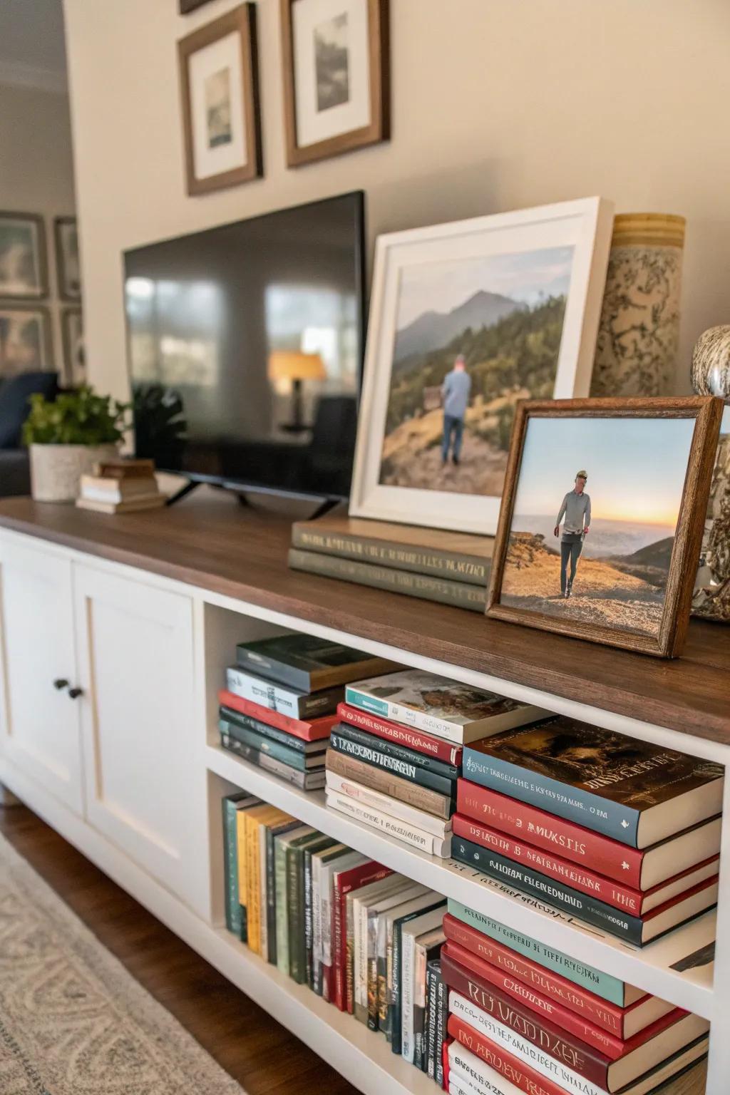 A display cabinet enhanced with publications and individual pictures.