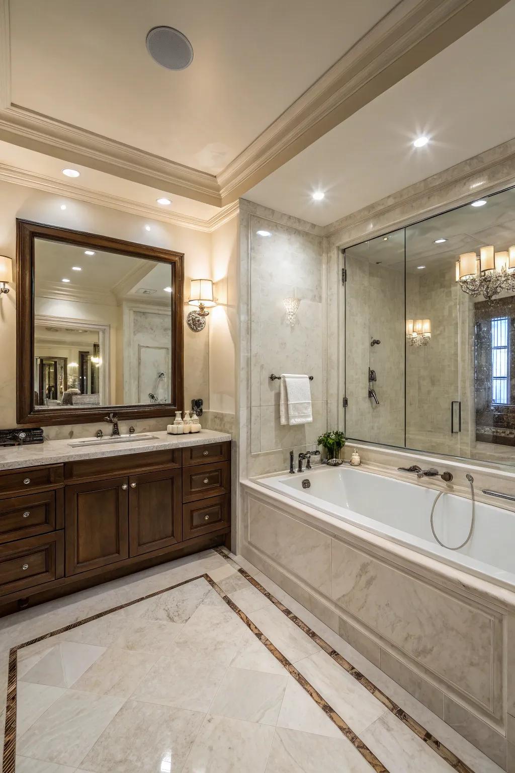 Combining a shower and tub in refined marble alternative creates a spa-like retreat.