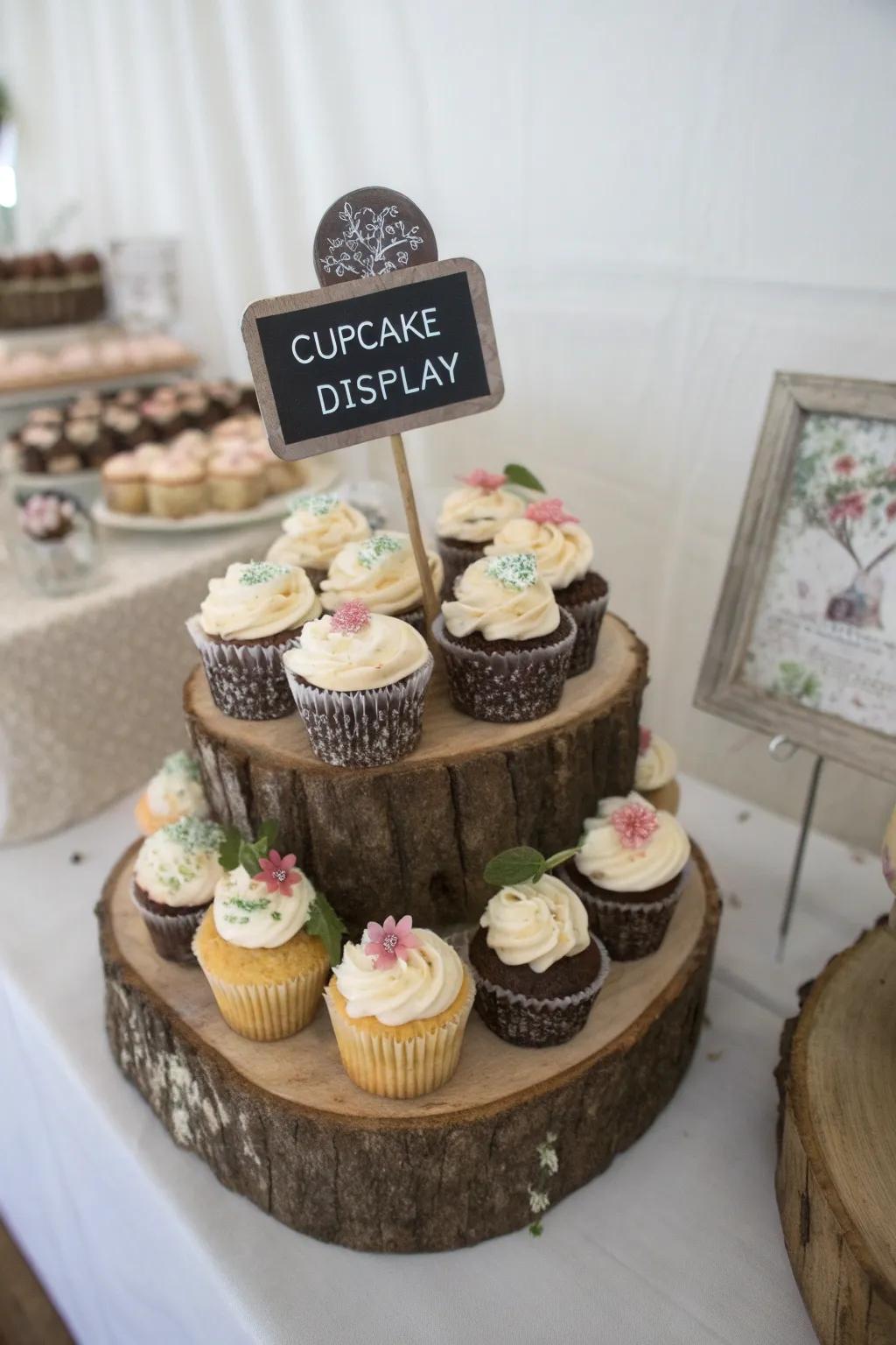 Personalized signs give a personal touch to the cupcake display.