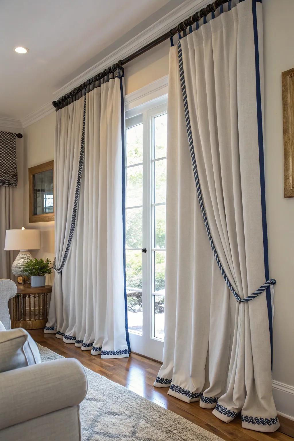Neat drapes enhanced with contrasting braid embellishments.