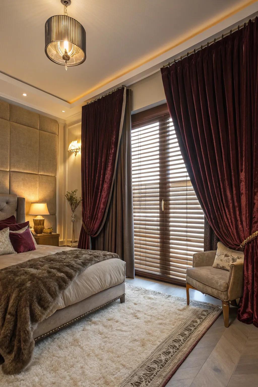 Velvet curtains infuse opulence and coziness over blinds.