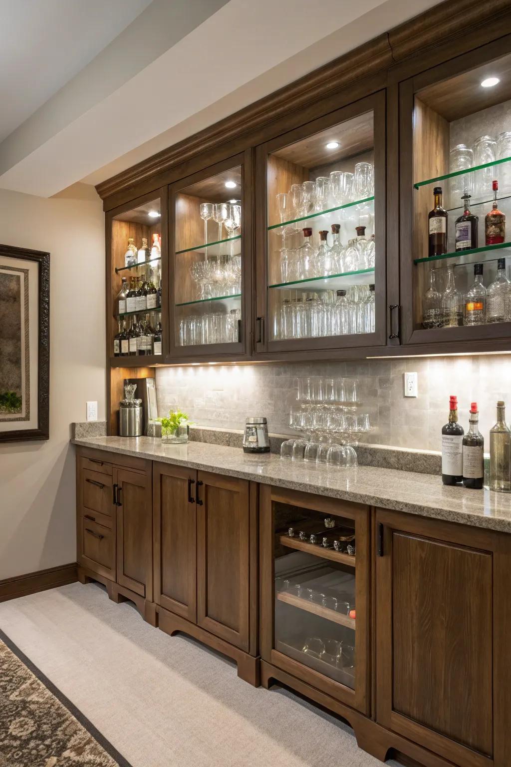 Useful storage featuring built-in racks and cabinets in a home bar.