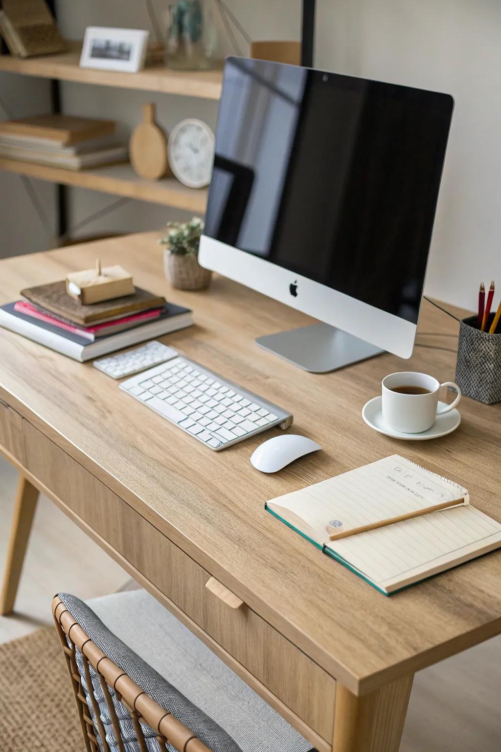 A special desk featuring crisp lines enhances the personal computer arrangement.