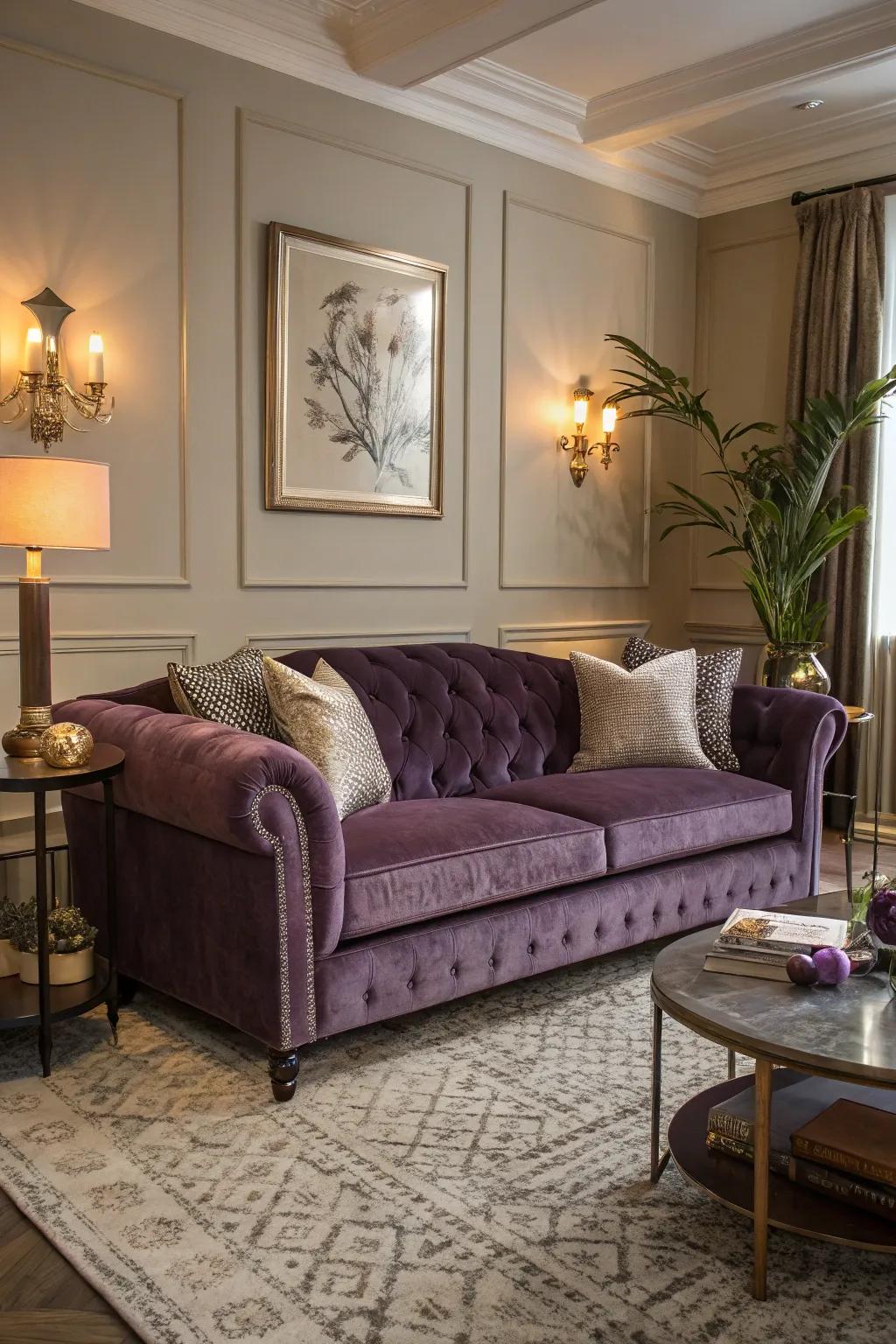 Plush violet seating as the stylish centerpiece.