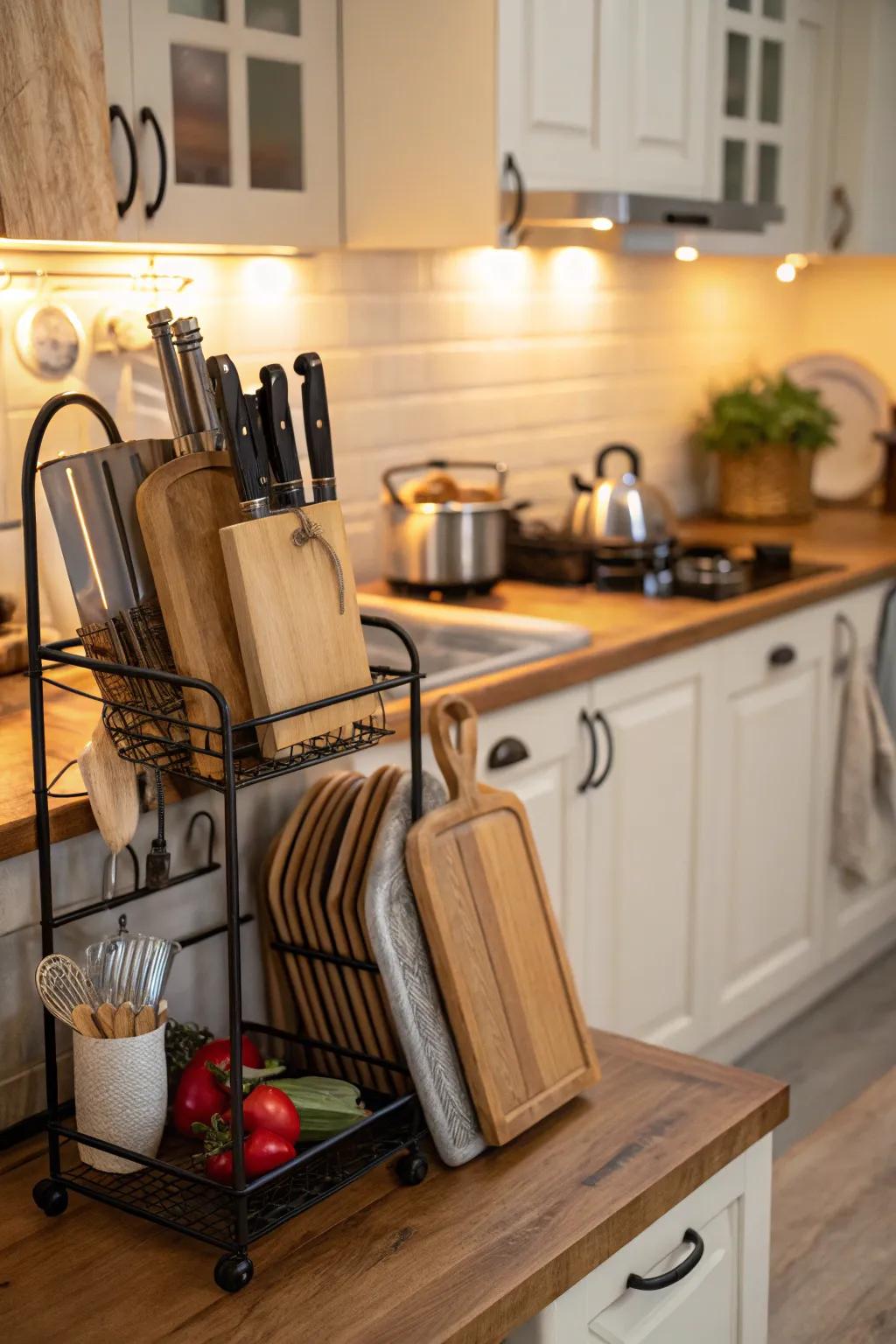 Multi-purpose racks for storing chopping surfaces and more.