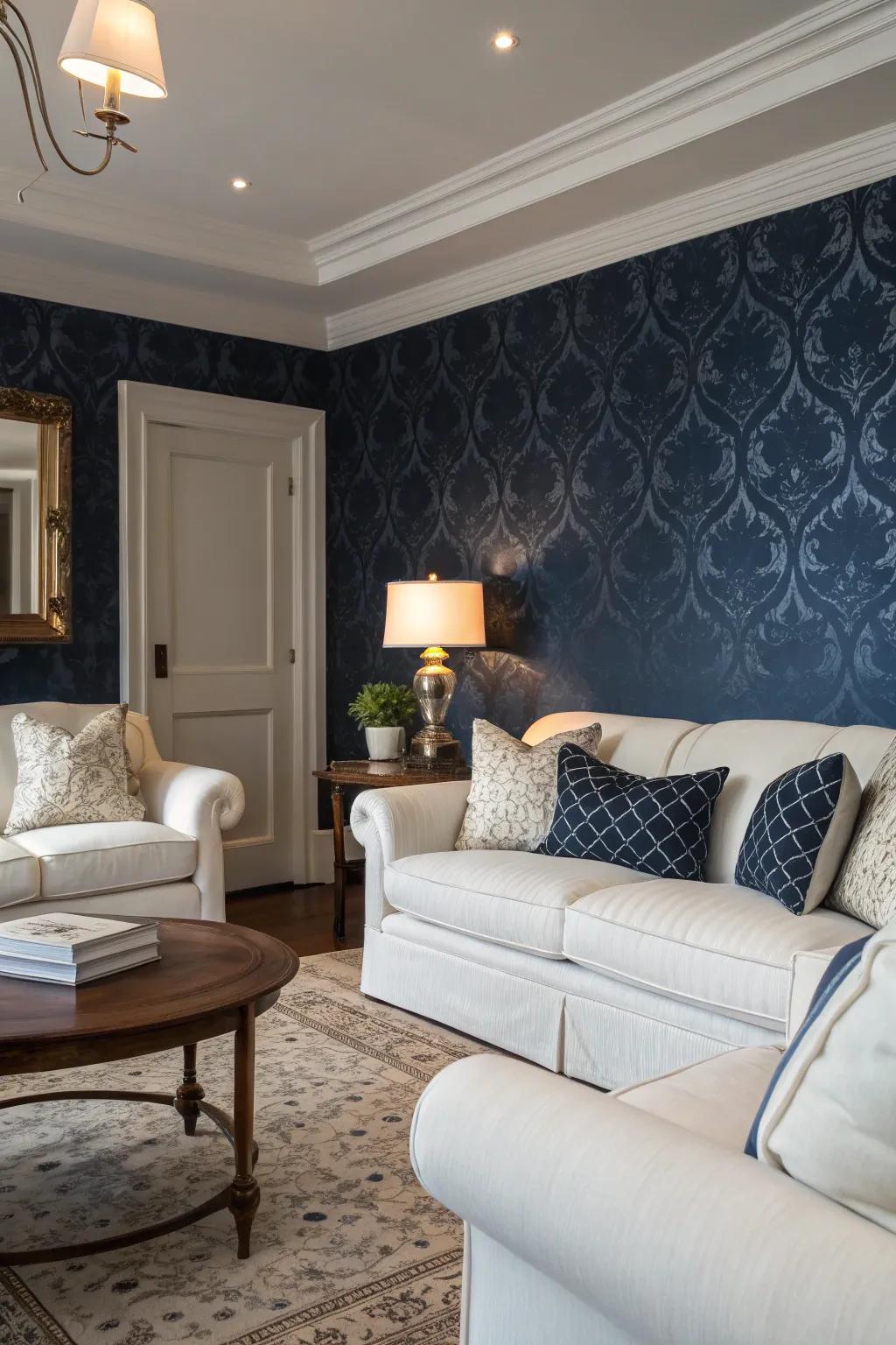 Contrasting elements enhance the beauty of navy wallpaper.