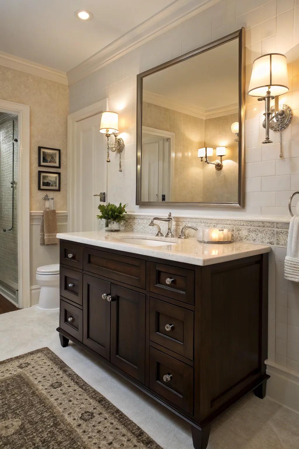 Ambient illumination intensifies the warmth of a deep cocoa dressing table.