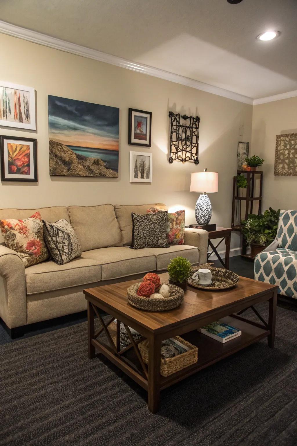 Artwork that matches the dark-toned floor covering.