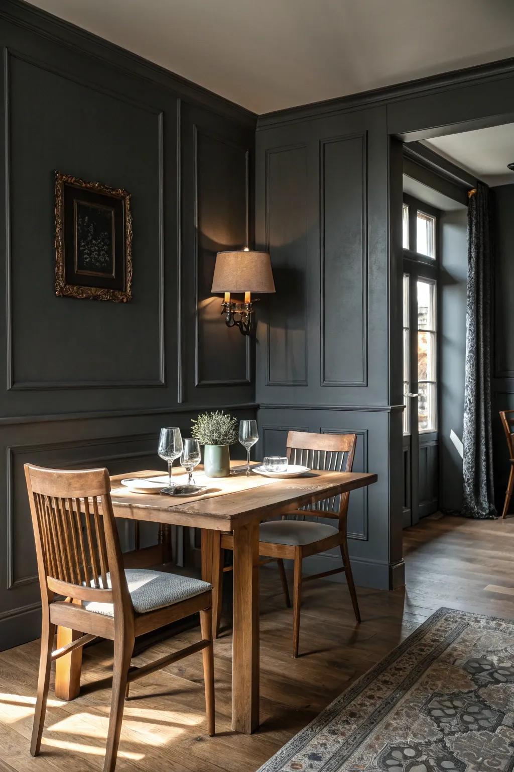 A sophisticated dining space with deep charcoal accents.