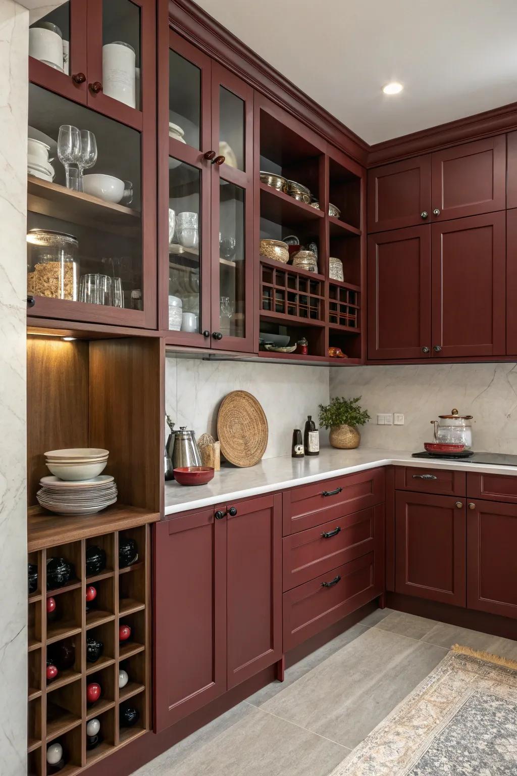 Tinted ruby fixtures paired with exposed shelving for a personalized flourish.