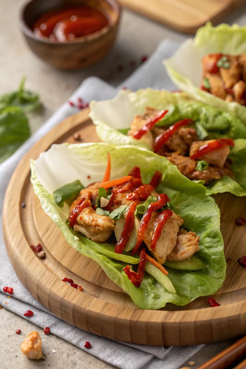 Spicy chicken lettuce wraps for a light and flavorful lunch.